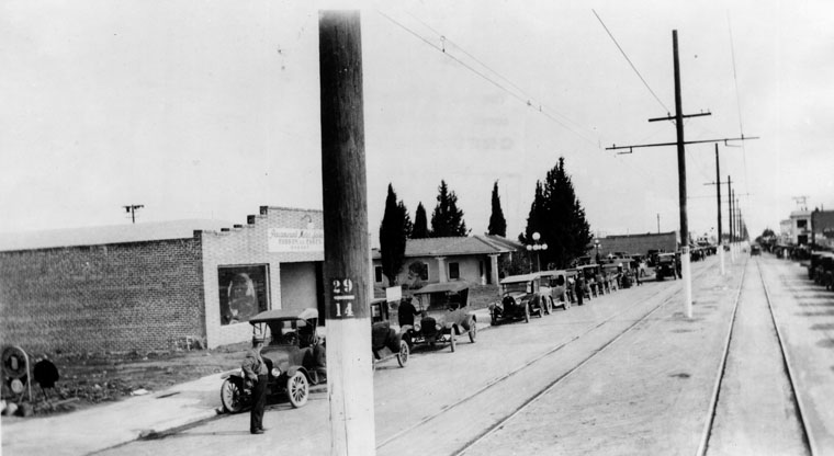 1920, Sherman Way in downtown Owensmouth, with Los Angeles Pacific Railroad lines