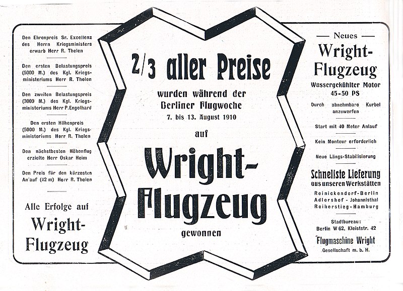 Anzeige einer Wright Flugmaschine, by unknown author [Public domain]