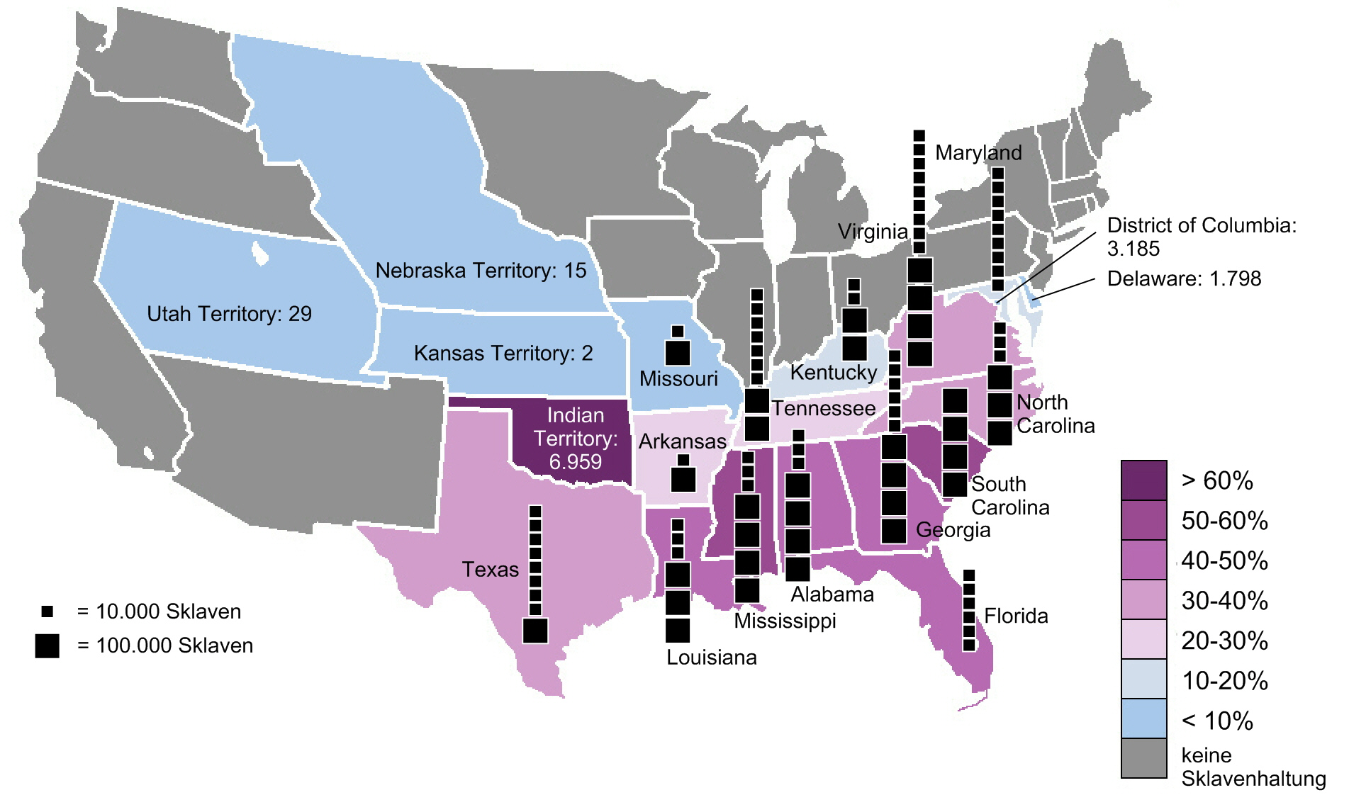 Anteil der Sklaven an der Gesamtbevölkerung in den einzelnen amerikanischen Bundesstaaten und Territorien im Jahre 1860