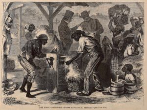 Sklaven entkernen die Baumwolle mithilfe der Cotton Gin (Nachträgliche Illustration aus dem Jahre 1869)